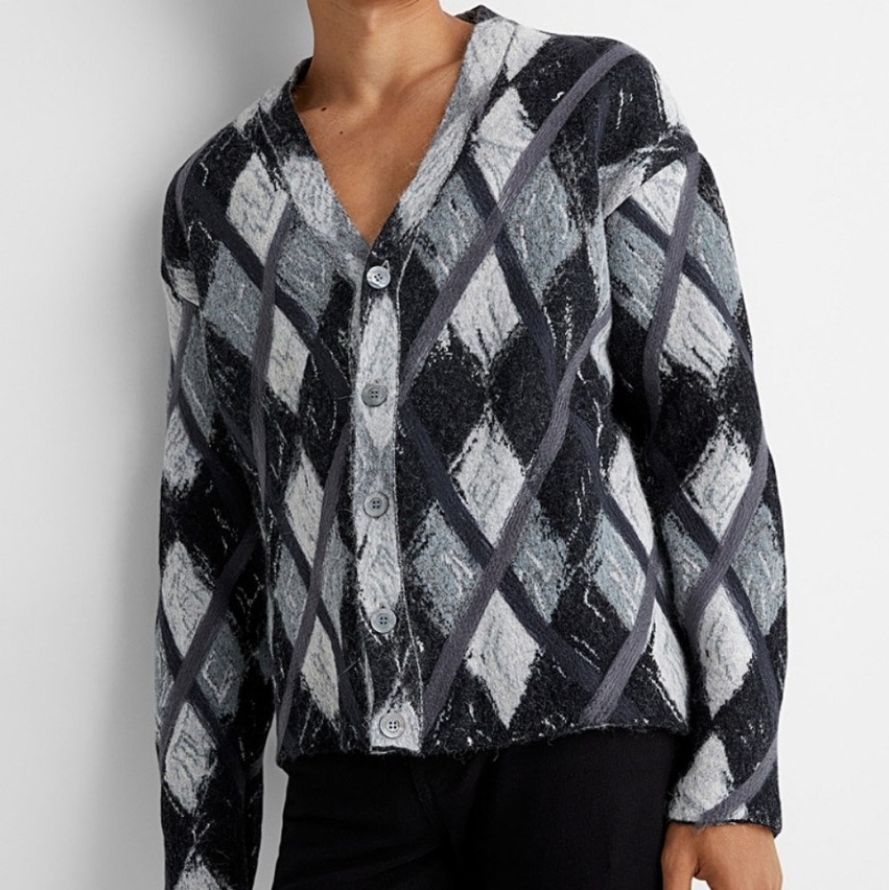 MOSCHINO Grey Argyle Wool Cardigan